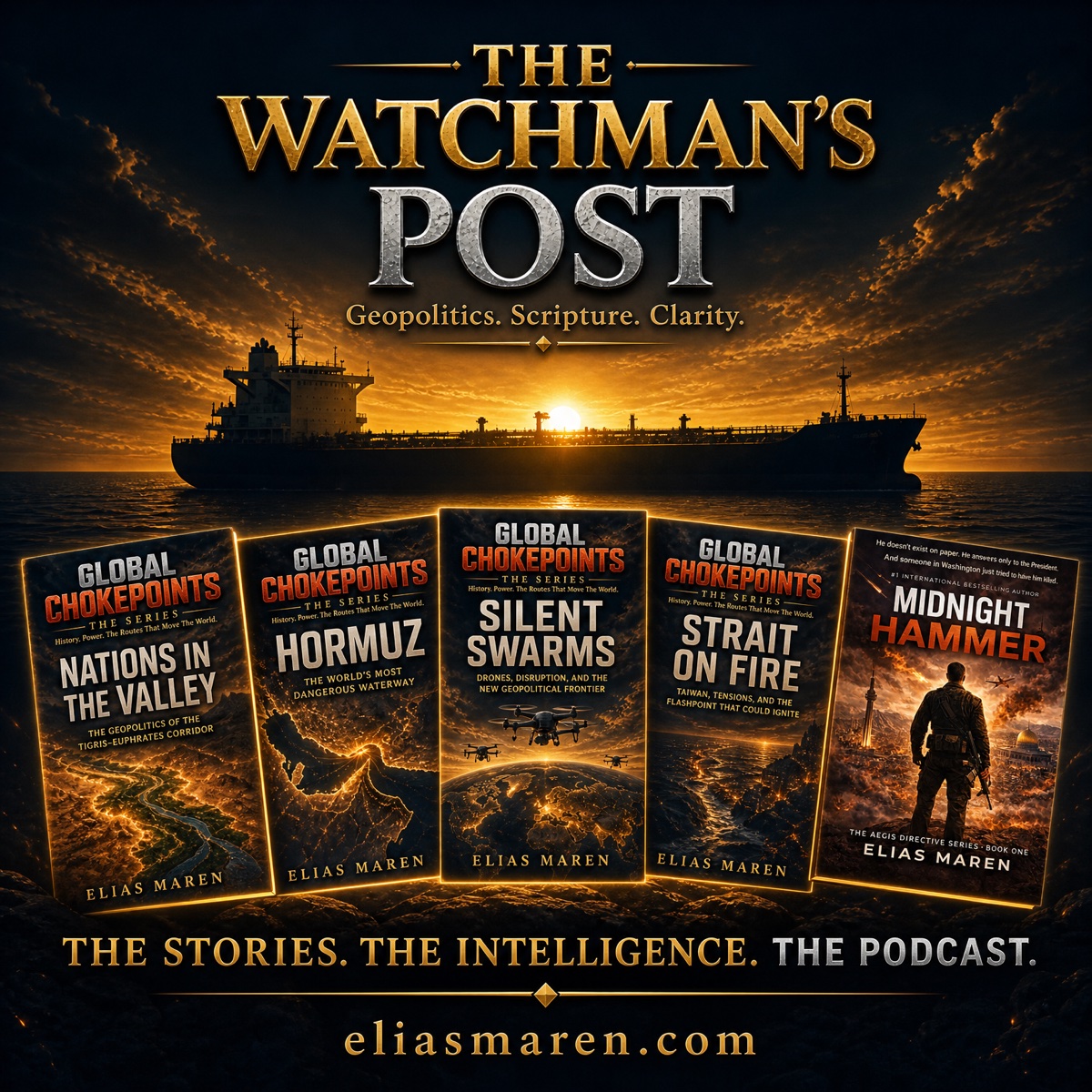 The Watchman's Post beside the Global Chokepoints series covers — The Stories. The Intelligence. The Podcast.