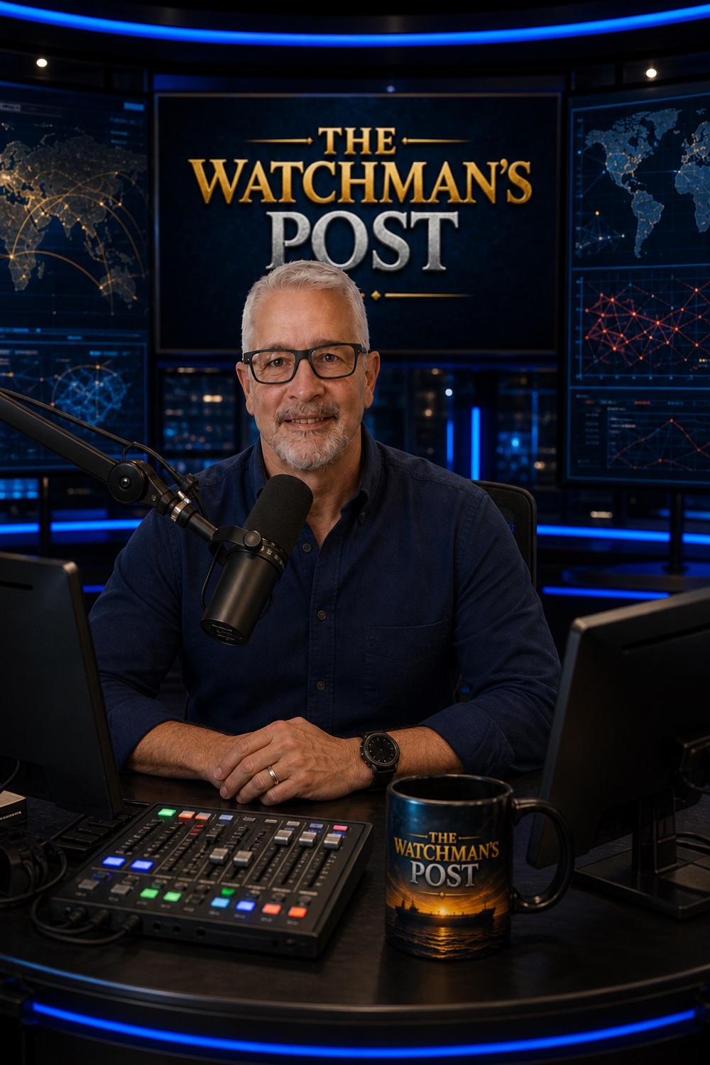 Ron Anzevino at The Watchman's Post broadcast desk — boom mic, mixing board, and the show wordmark on the screen wall behind him.